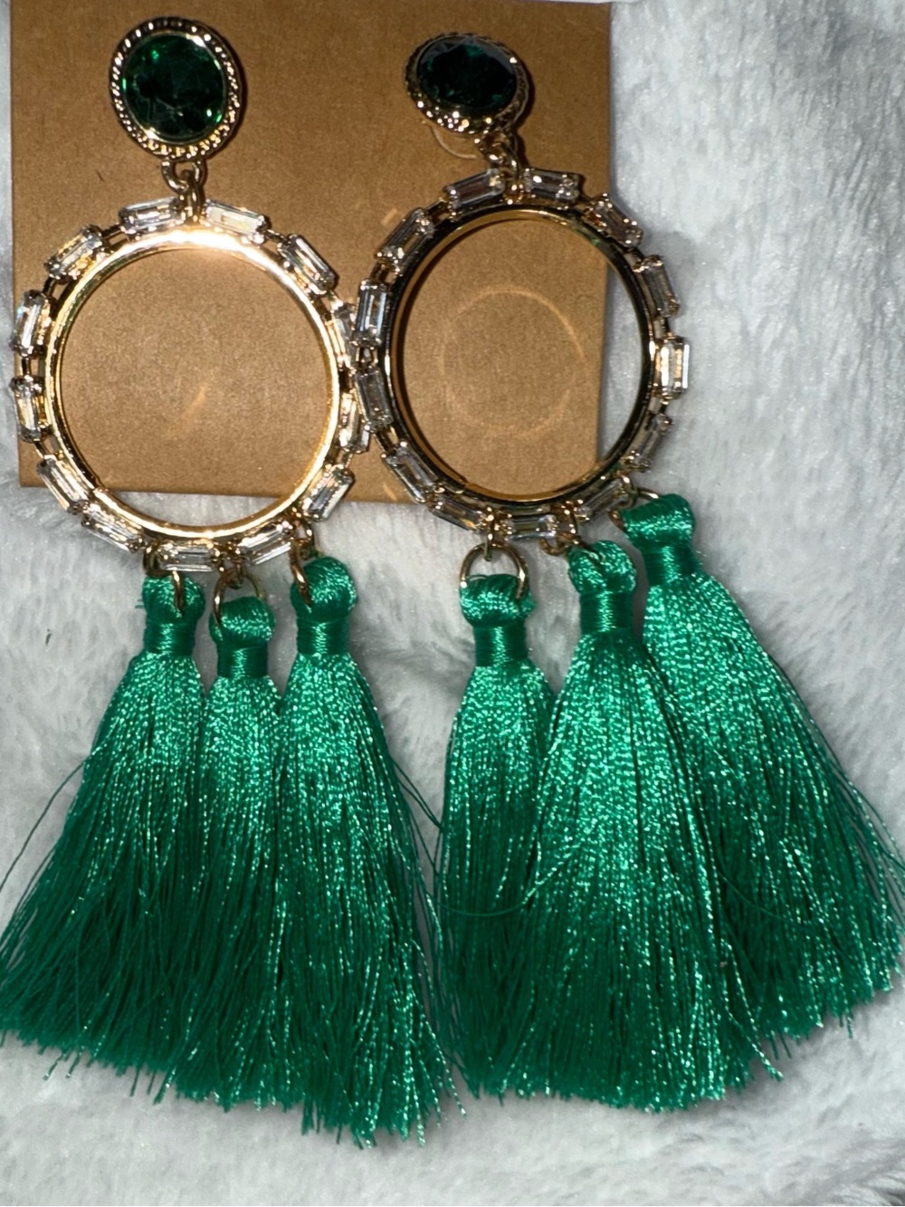 Lily Pulitzer Green Tassel emerald and clear rhinestone Drop Earrings